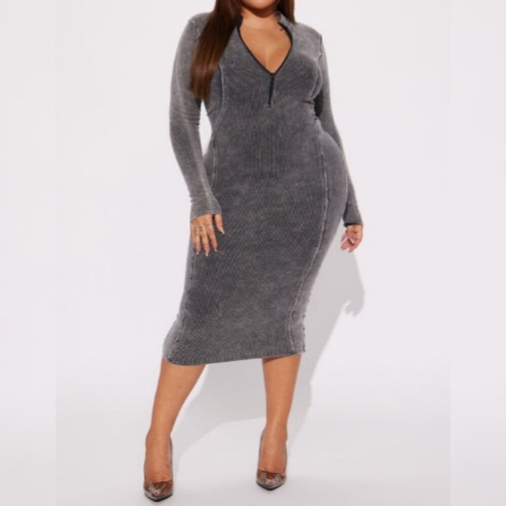 Fashion Nova 2X Plus Charcoal Washed Black Ribbed Midi Dress Bodycon Zip Sexy